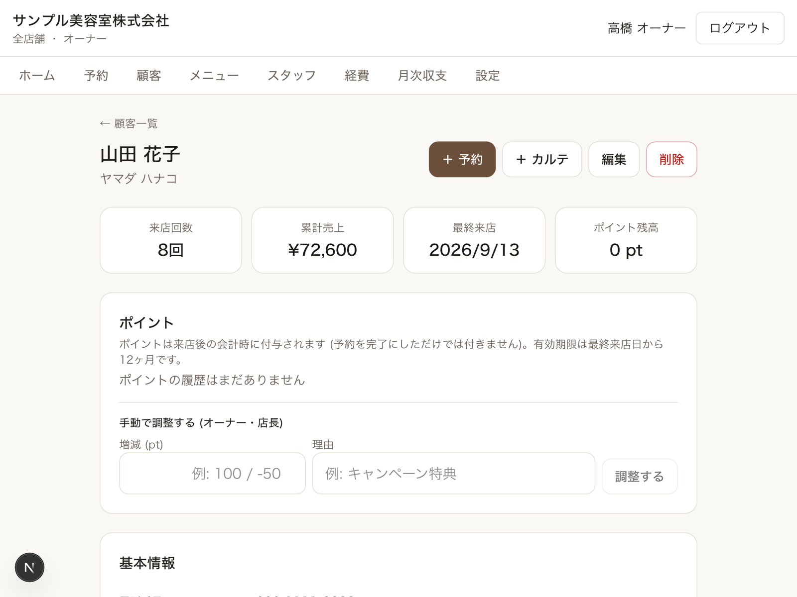 顧客詳細（デモデータ）。来店回数・累計売上・ポイント